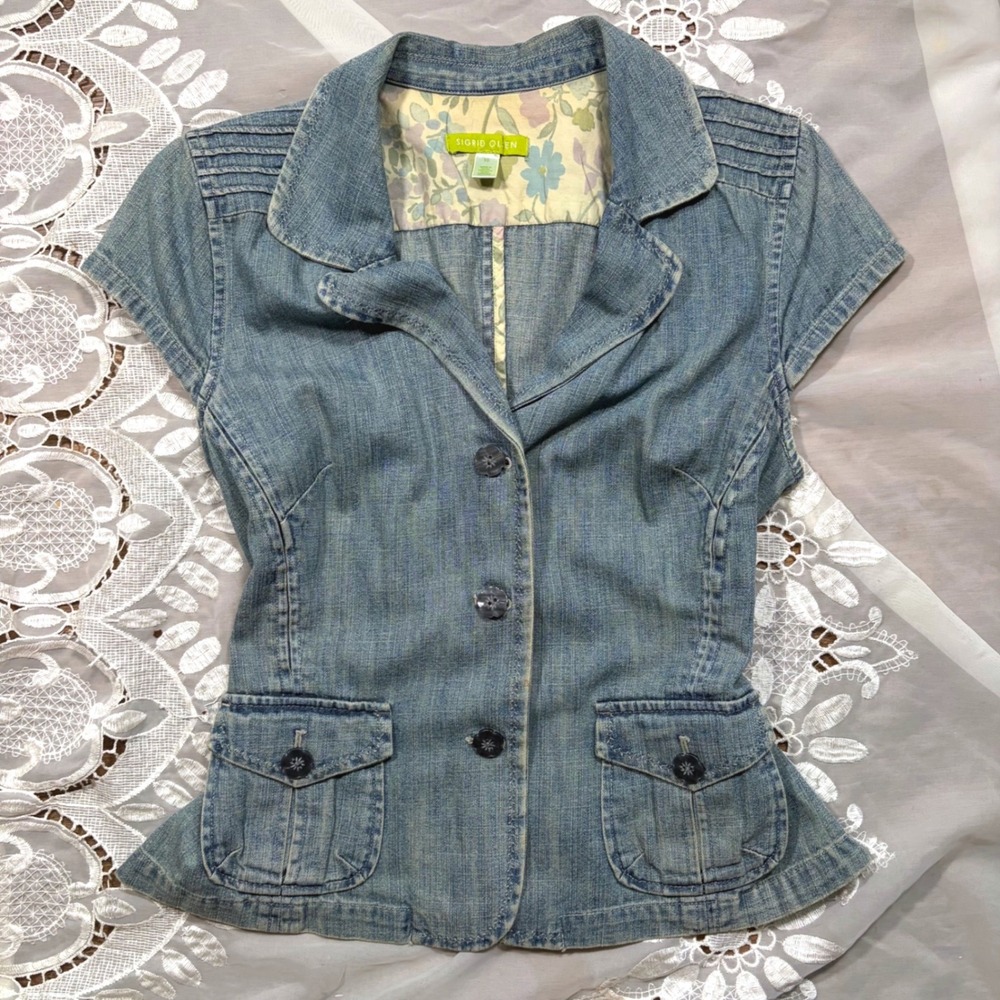 Y2K Garden Fairy Office Siren Blue Denim Short Sleeve Button Up Jacket Vest